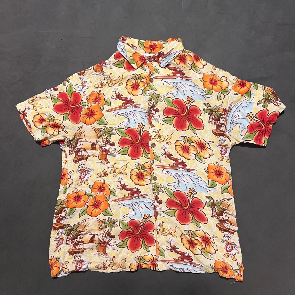 Disney Parks‎ Mens M Rayon Hawaiian Shirt Tropical Mickey Donald Aloha Surf